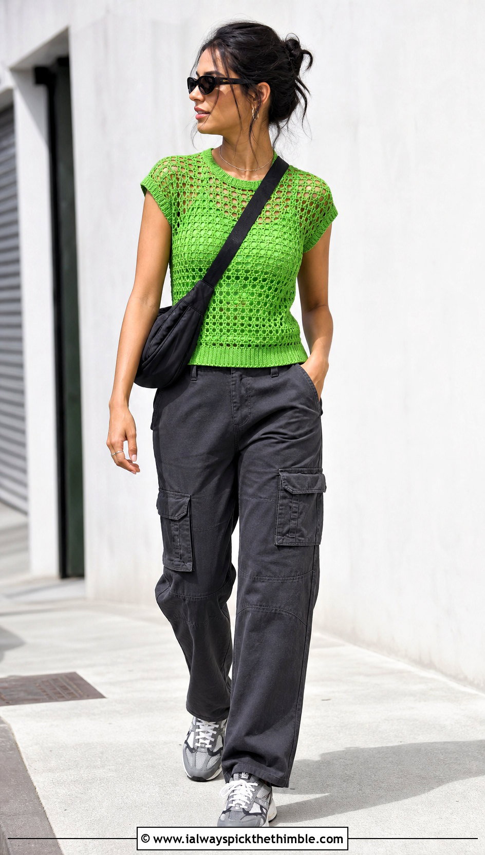 Cap Sleeve Crochet Tee With Cargo Pants - 25 crochet top outfits ideas