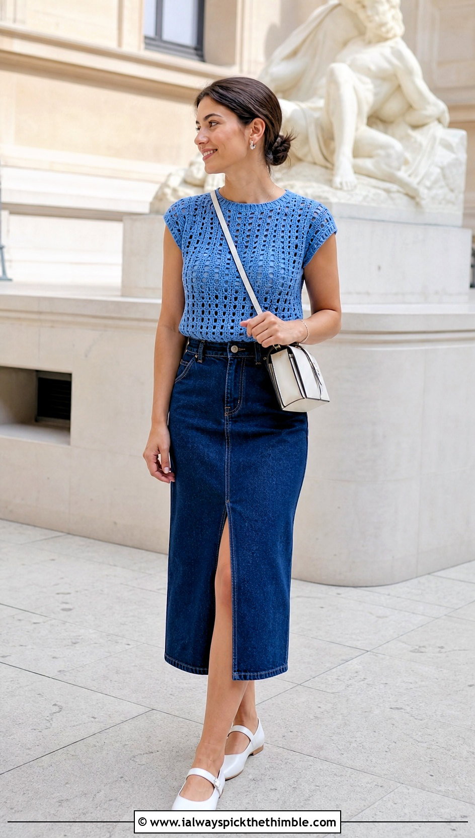 Cap Sleeve Crochet Top With Denim Midi Skirt - 20 dainty crochet top outfit ideas