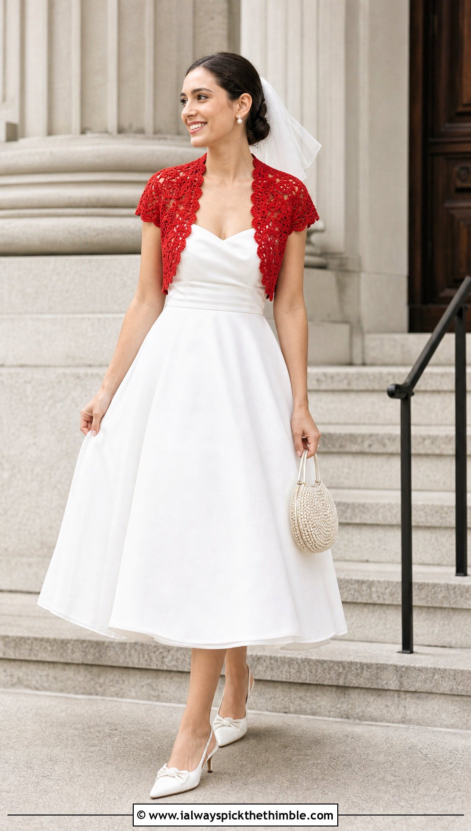 Cap Sleeve Crochet Wedding Bolero With Tea Length Dress - 20 Crochet Wedding Bolero outfit ideas