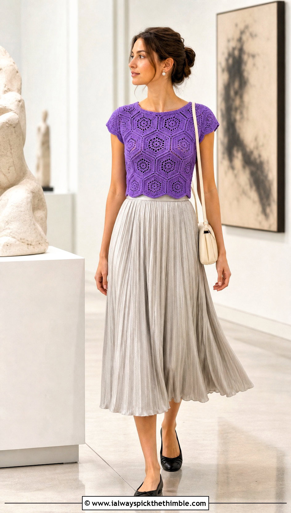 Cap Sleeve Hexagon Crop Top With Pleated Midi Skirt - 20 crochet hexagon crop top outfit ideas