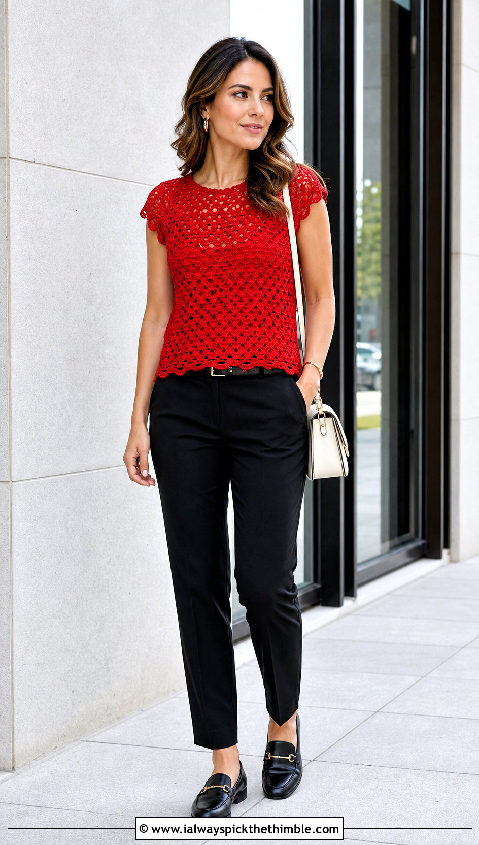 Cap Sleeve Shell Crochet Blouse With Straight Leg Pants - 25 crochet seashell top outfit ideas