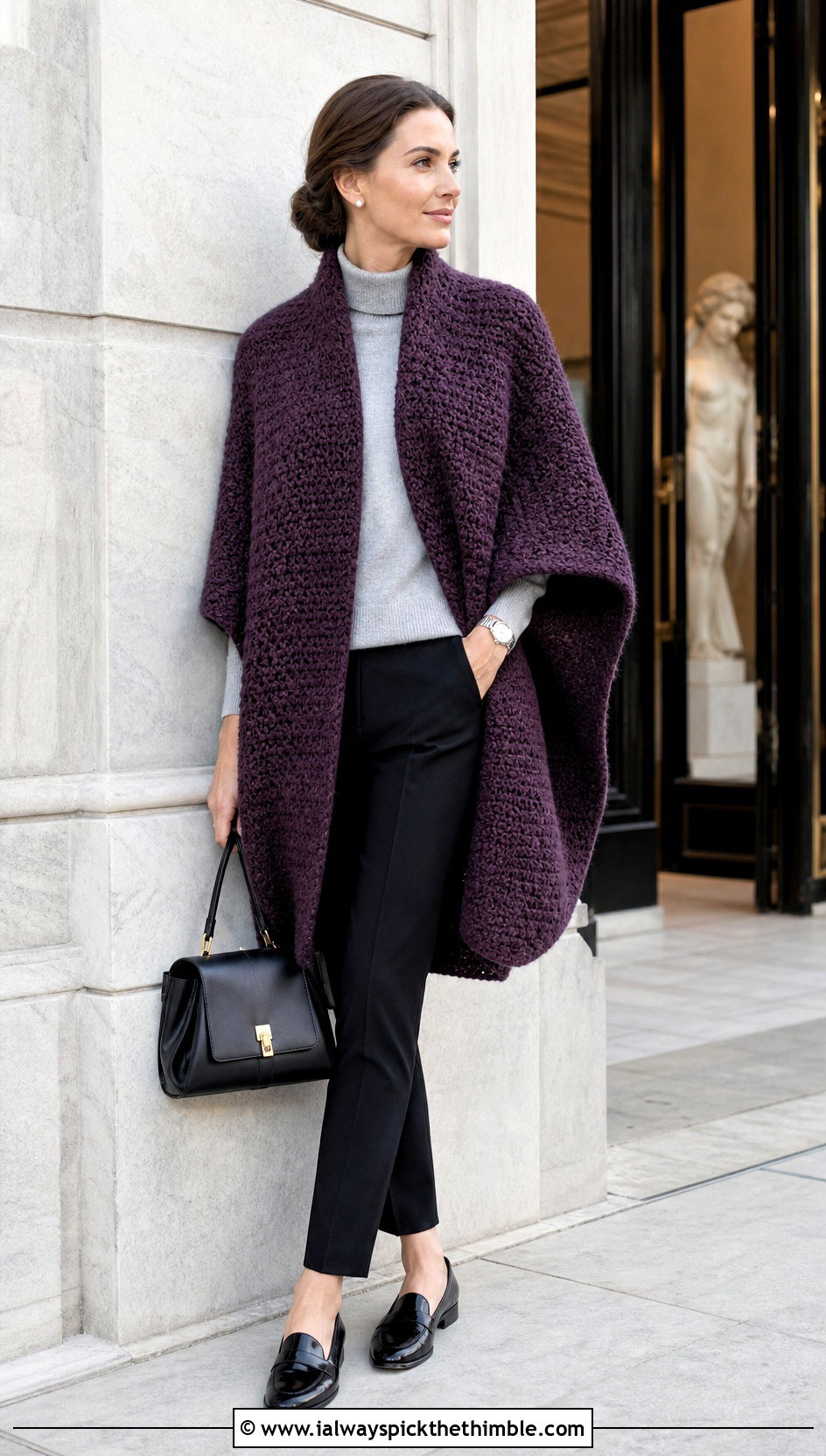 Cape Crochet Poncho With Cigarette Pants - 20 Beginner Crochet Poncho outfit ideas
