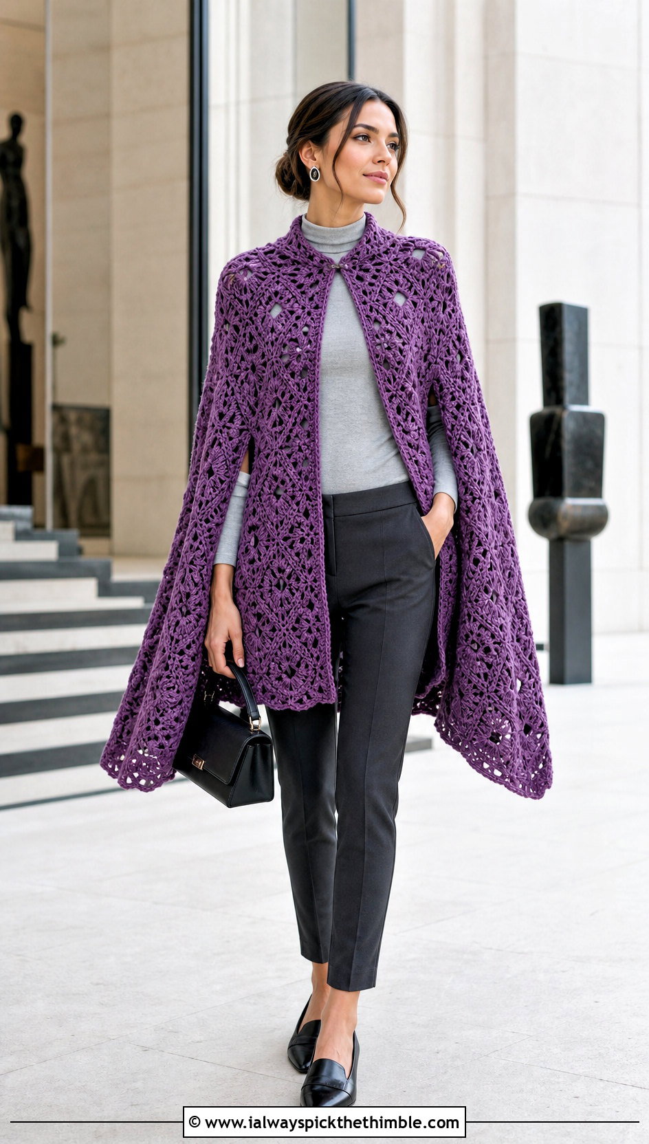 Cape Howls Crochet Jacket With Slim Trousers - 20 Howls Crochet Jacket outfit ideas