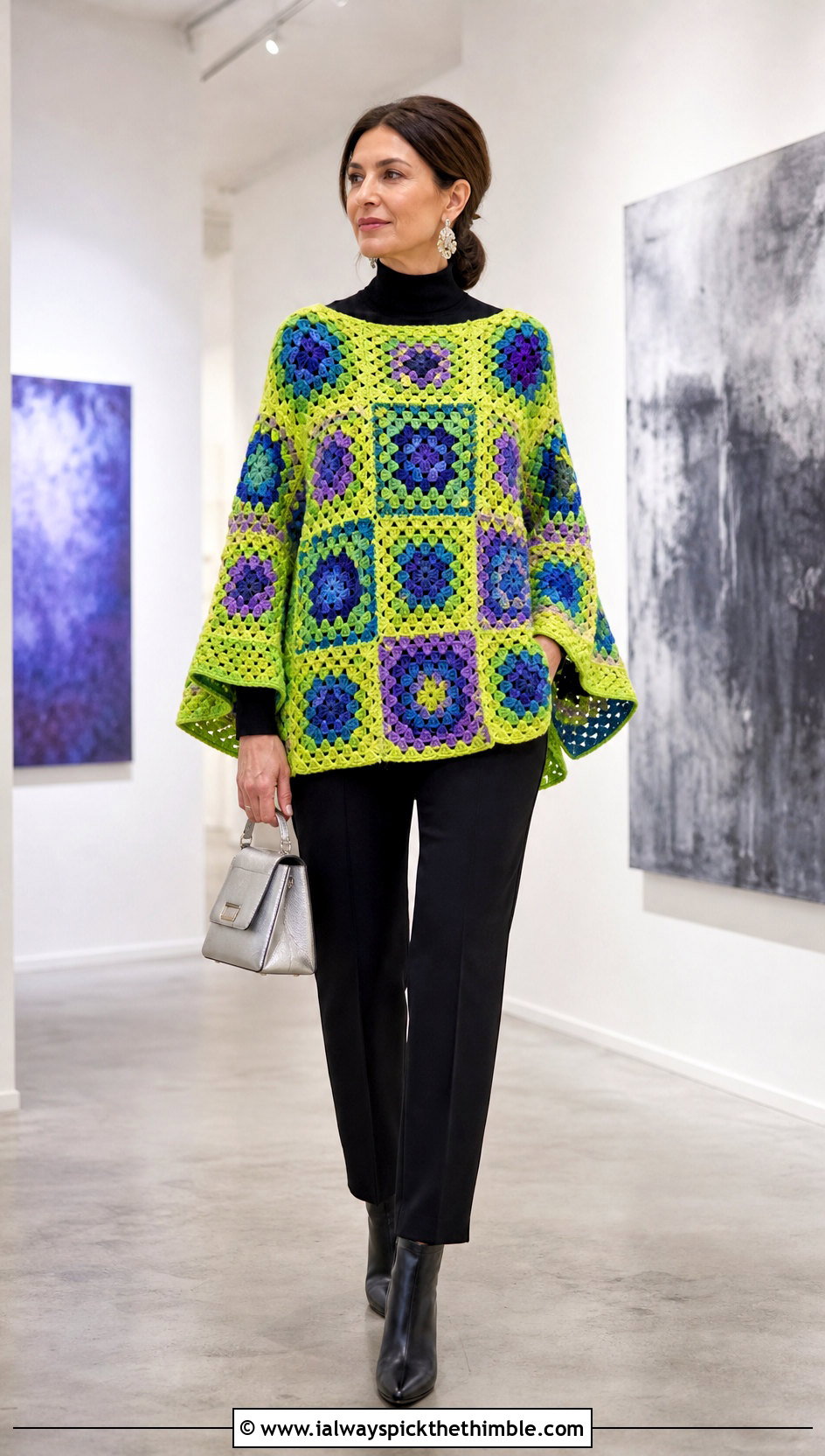 Cape Sleeve Big Granny Square Sweater With Monochrome Basics - 25 big granny square sweater outfit ideas