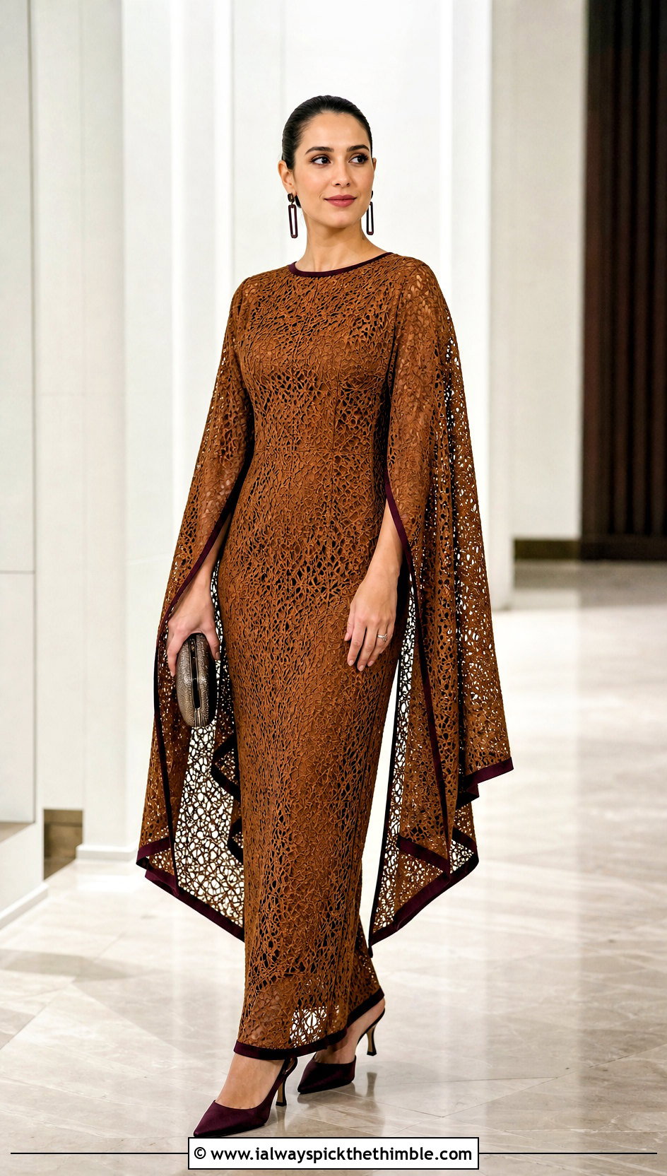 Cape Sleeve Brown Crochet Maxi Dress With Kitten Heels - 20 brown crochet maxi dress outfit ideas
