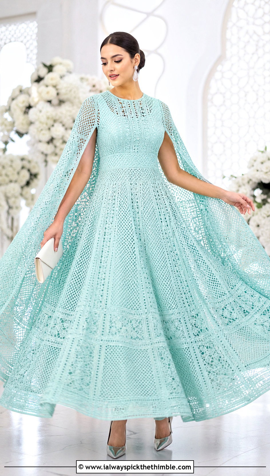Cape Sleeve Crochet Ball Gown Dress With Pointed Pumps - 20 crochet ball gown dress outfit ideas