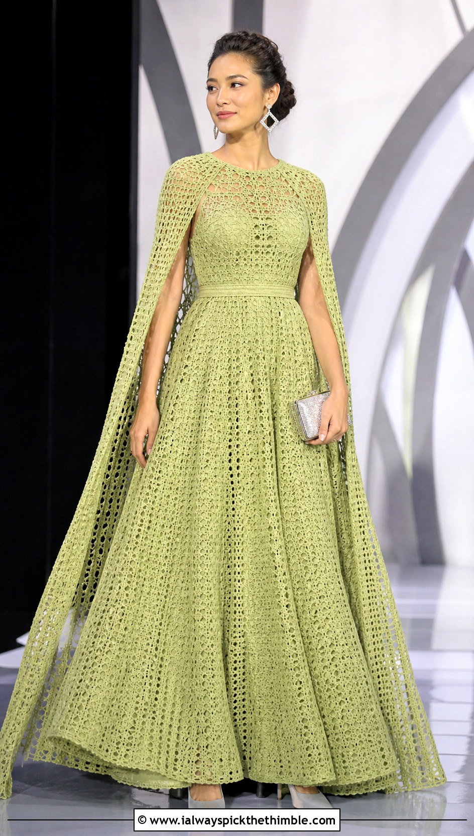 Cape Sleeve Crochet Ball Gown With Pointed Pumps - 20 Crochet Ball Gown outfit ideas