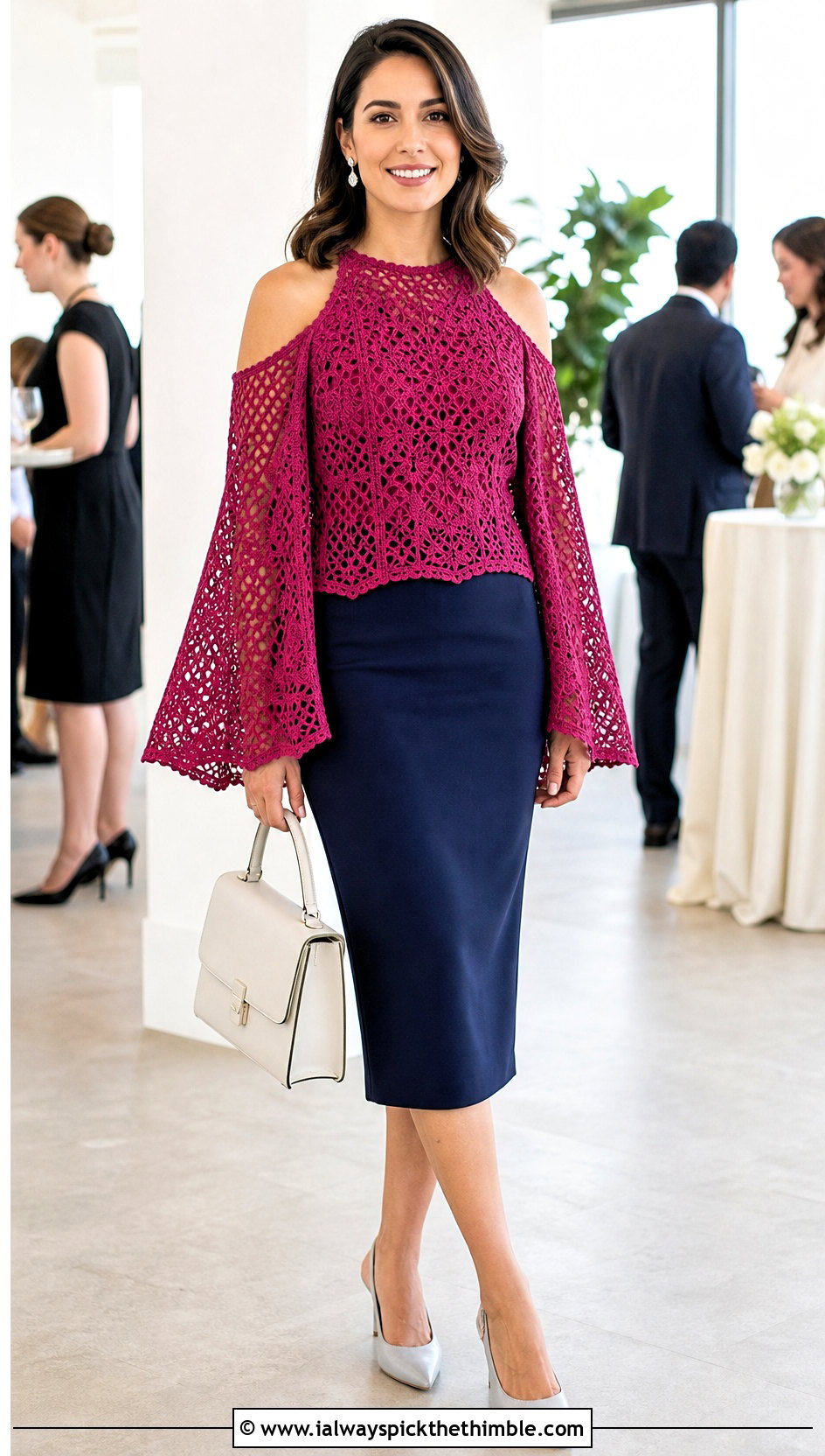 Cape Sleeve Crochet Cold Shoulder Top With Pencil Skirt - 25 crochet cold shoulder top outfit ideas