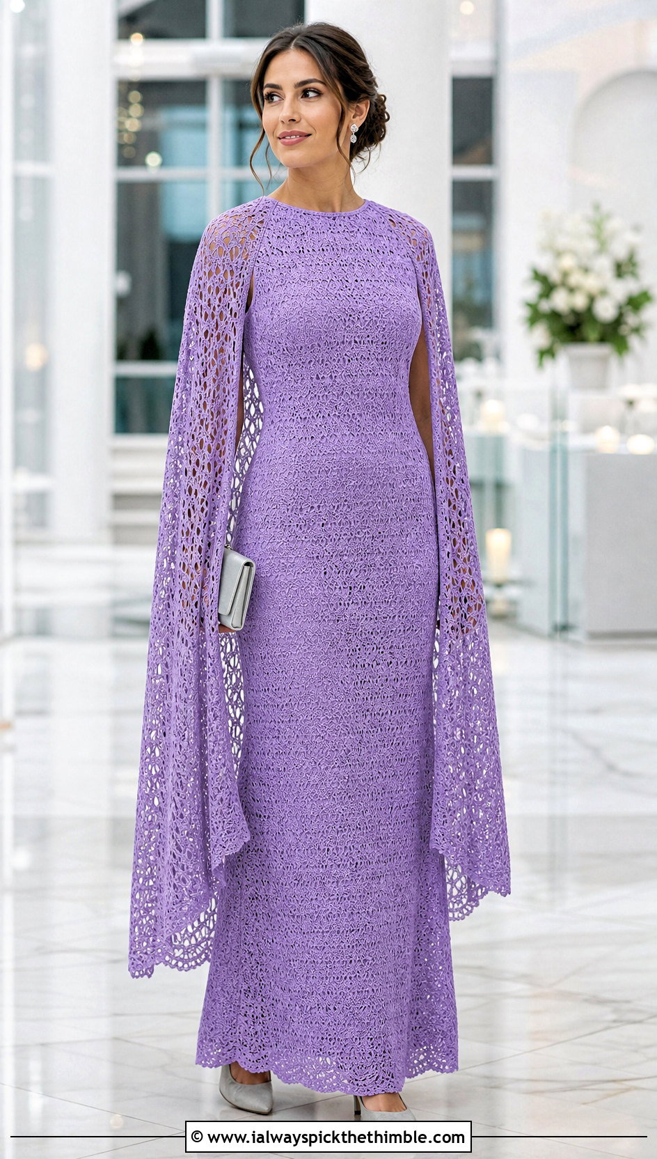 Cape Sleeve Crochet Gown With Kitten Heels - 25 crochet gown outfit ideas