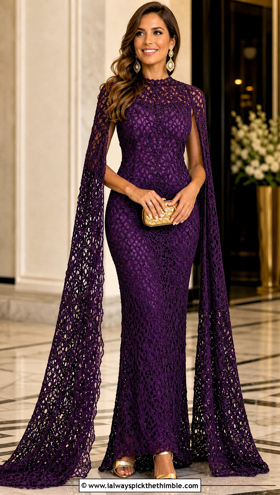 Cape Sleeve Crochet Gown With Metallic Heels - 20 Beyonce Crochet Dress outfit ideas
