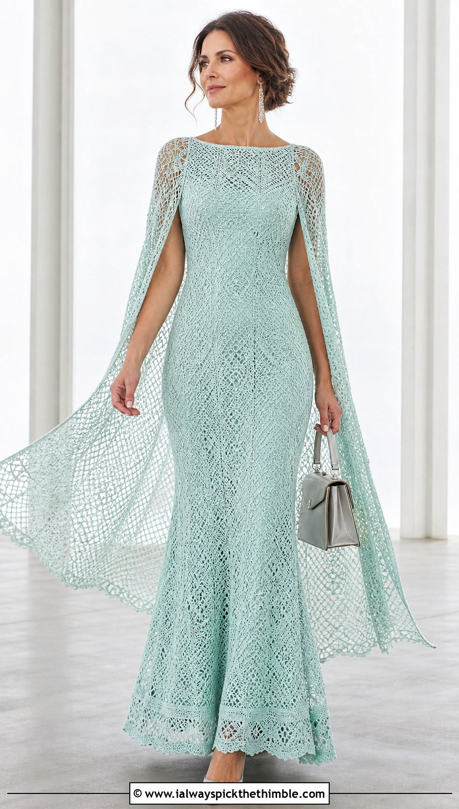 Cape Sleeve Crochet Gown With Satin Pumps - 20 Crochet Gown Dress outfit ideas