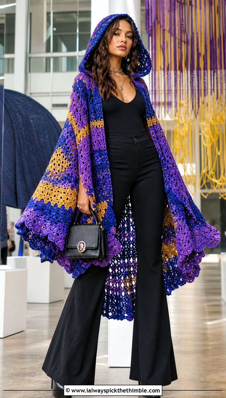 Cape Sleeve Crochet Hooded Cape With Flared Pants - 25 crochet hooded cape outfit ideas