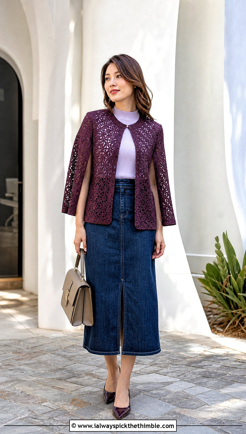 Cape Sleeve Crochet Lace Jacket With Denim Midi Skirt - 25 crochet lace jacket outfit ideas