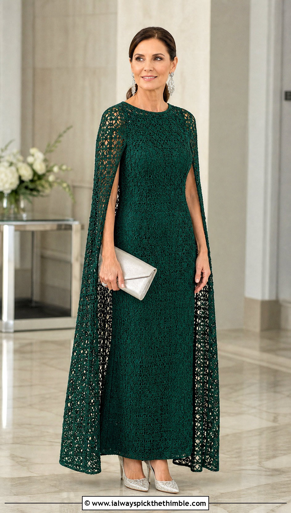 Cape Sleeve Crochet Maxi Dress With Crystal Pumps - 25 crochet formal dress outfit ideas