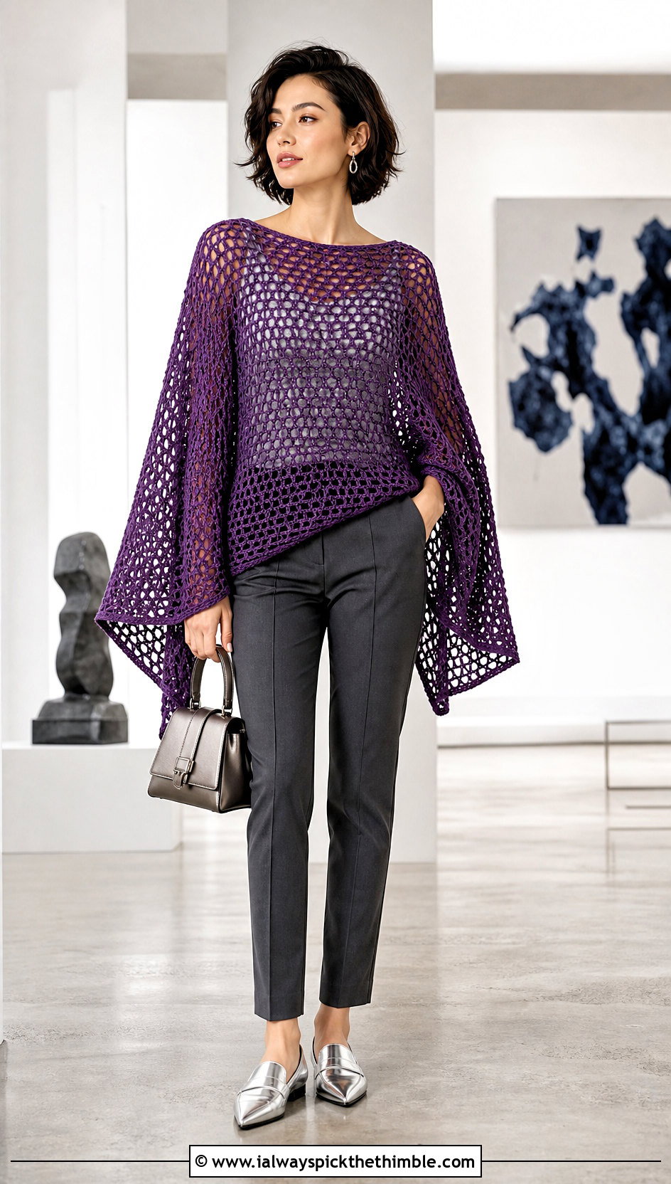 Cape Sleeve Crochet Mesh Sweater With Slim Trousers - 25 oversized crochet mesh sweater outfit ideas