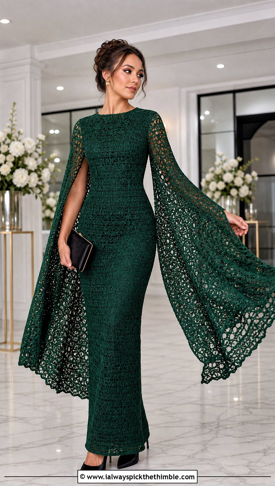 Cape Sleeve Crochet Prom Dress With Satin Clutch - 20 Prom Crochet Dress outfit ideas