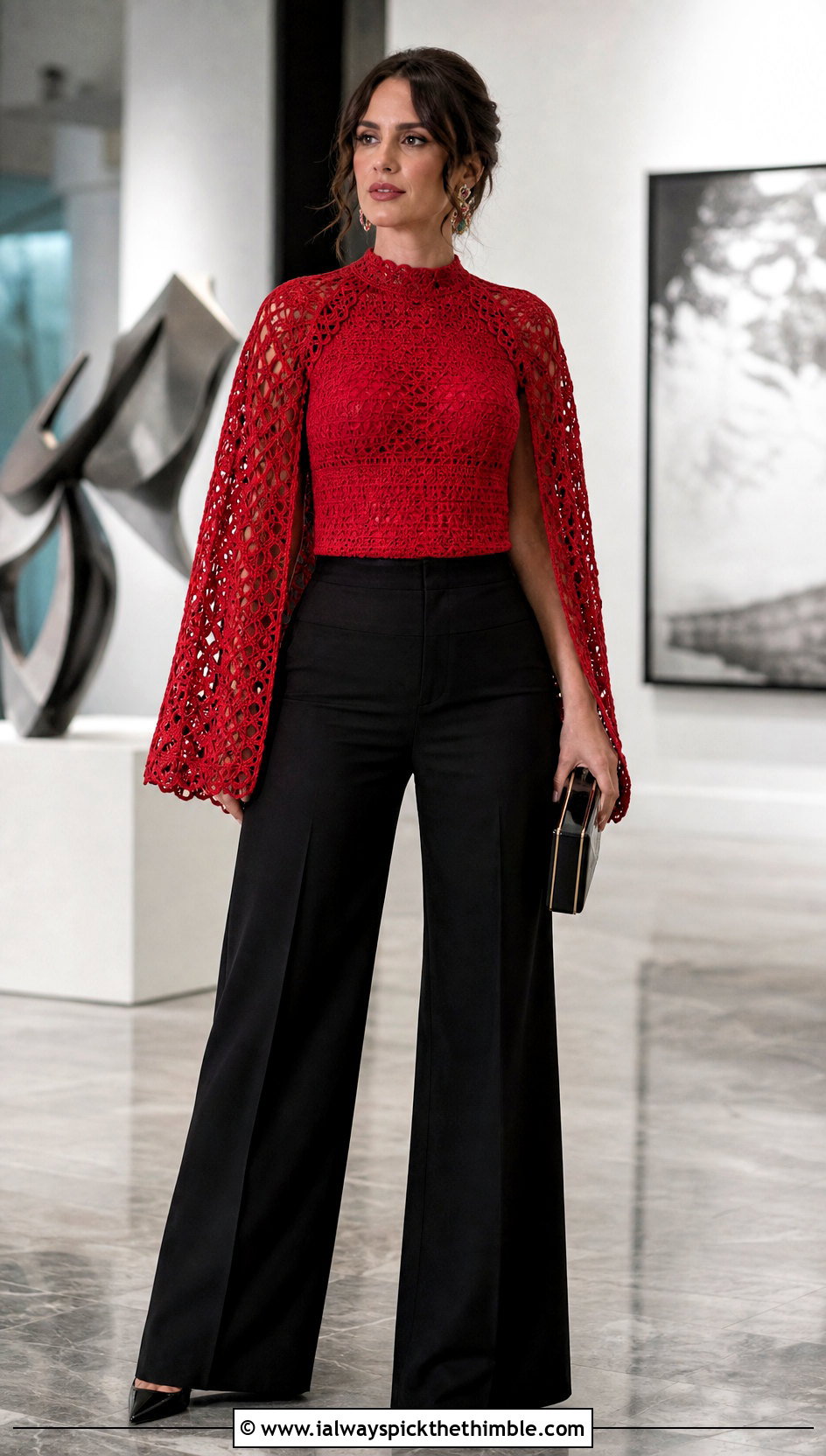 Cape Sleeve Crochet Top With Black Trousers - 25 cute crochet tops outfit ideas