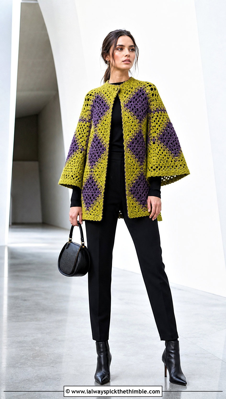 Cape Sleeve Howls Crochet Jacket With Monochrome Black Outfit - 20 Howl's Crochet Jacket outfit ideas