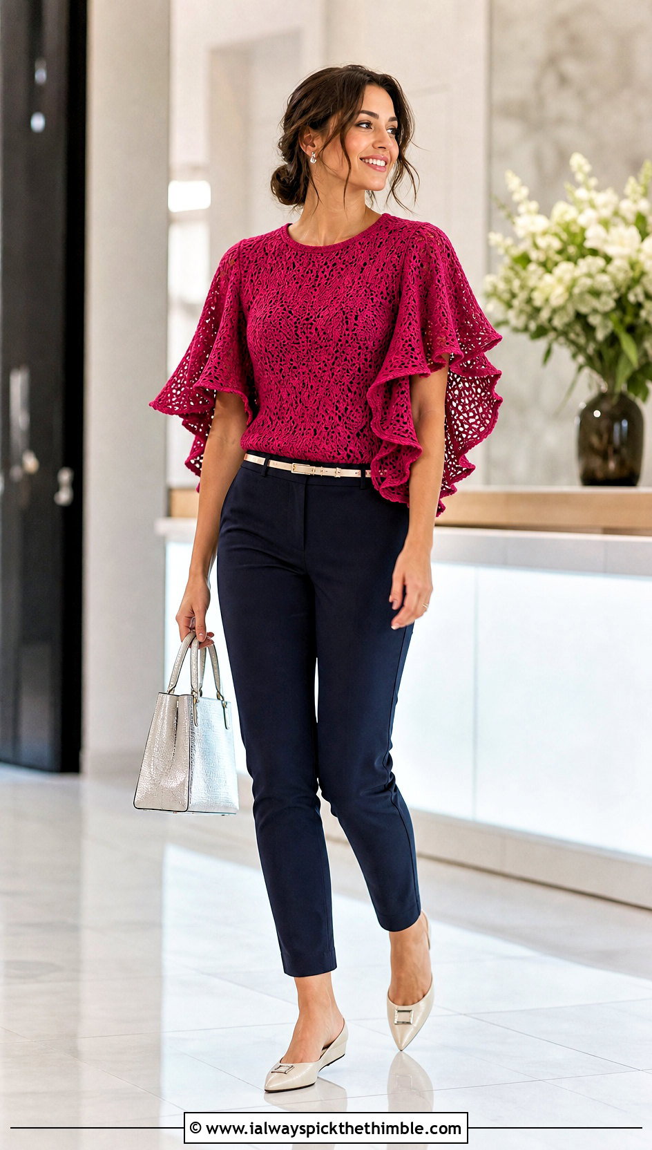Cape Sleeve Ruffle Crochet Top With Slim Pants - 25 crochet top with ruffles outfit ideas