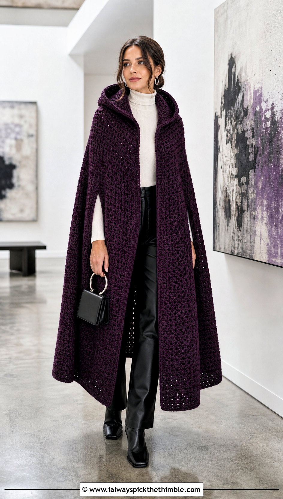 Cape Style Crochet Hoodie Blanket With Leather Pants - 20 crochet hoodie blanket outfit ideas