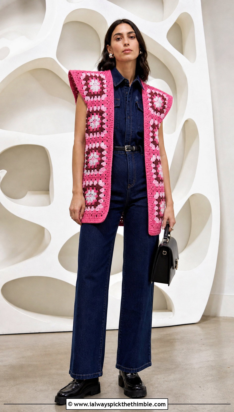 Cape Style Granny Square Sleeveless Cardigan With Denim Jumpsuit - 20 granny square sleeveless cardigan outfit ideas