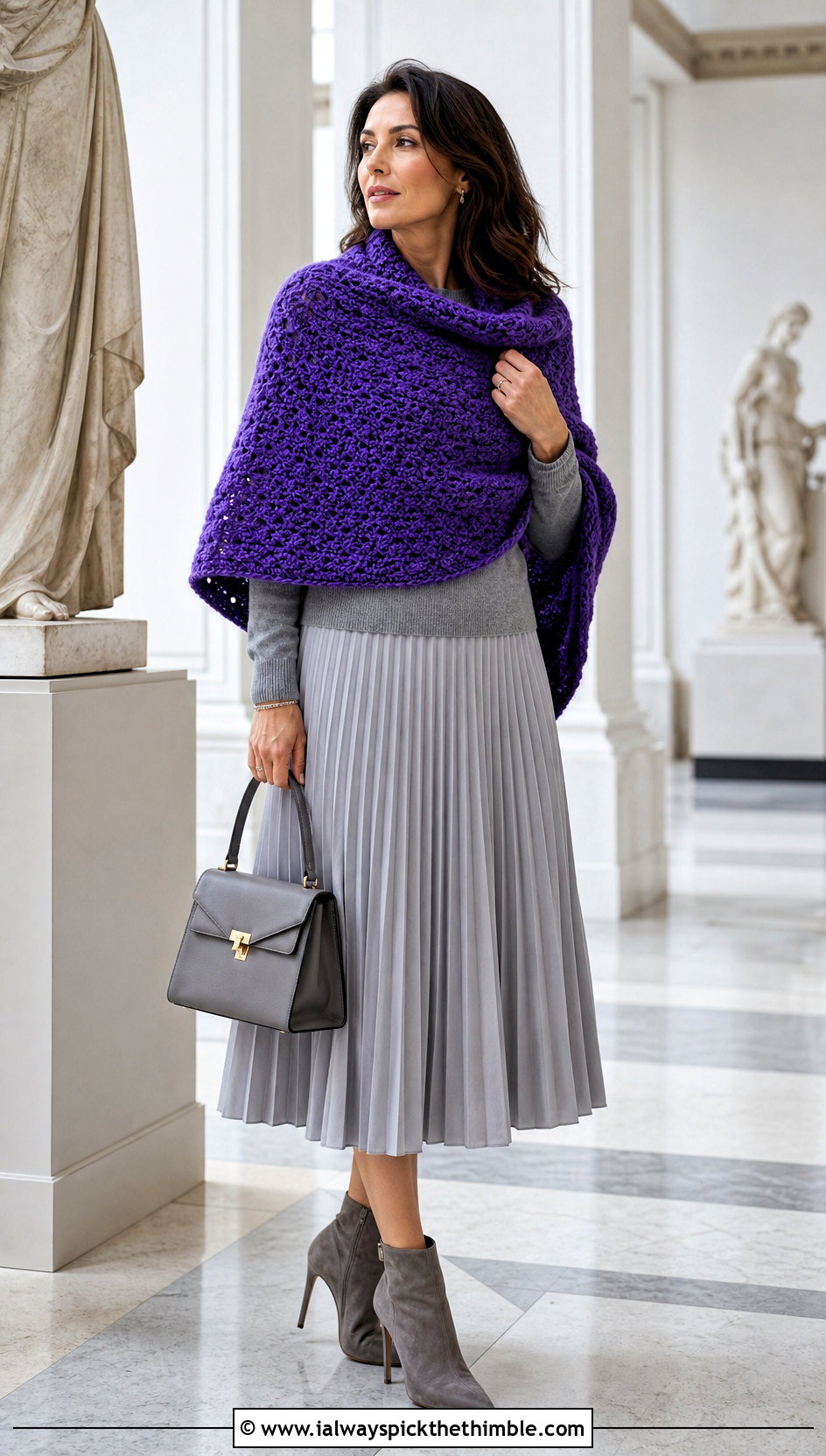 Cape Wrap Snowfall Crochet Sweater Scarf With Pleated Midi Skirt - 15 Snowfall Crochet Sweater Scarf outfit ideas