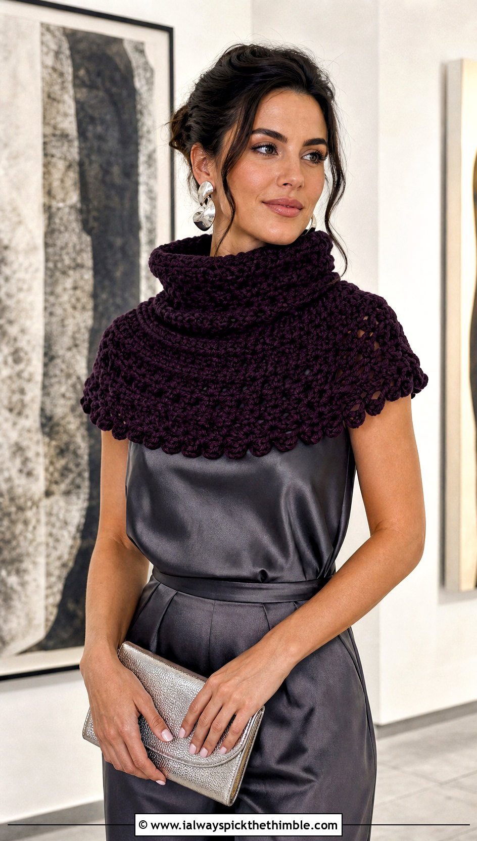 Capelet Bulky Crochet Cowl With Evening Jumpsuit - 20 Bulky Crochet Cowl outfit ideas