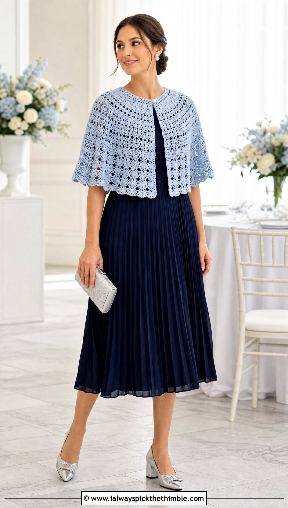 Capelet Circle Crochet Shawl With Pleated Midi Dress - 20 Circle Crochet Shawl outfit ideas