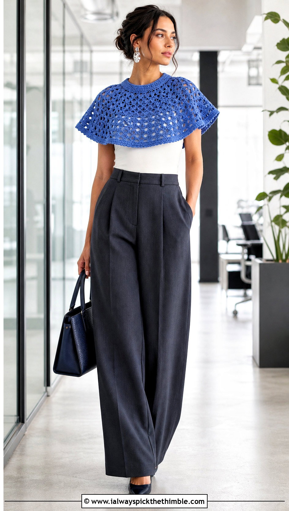 Capelet Circle Poncho With Wide Leg Suit Pants - 20 Crochet Circle Poncho outfit ideas