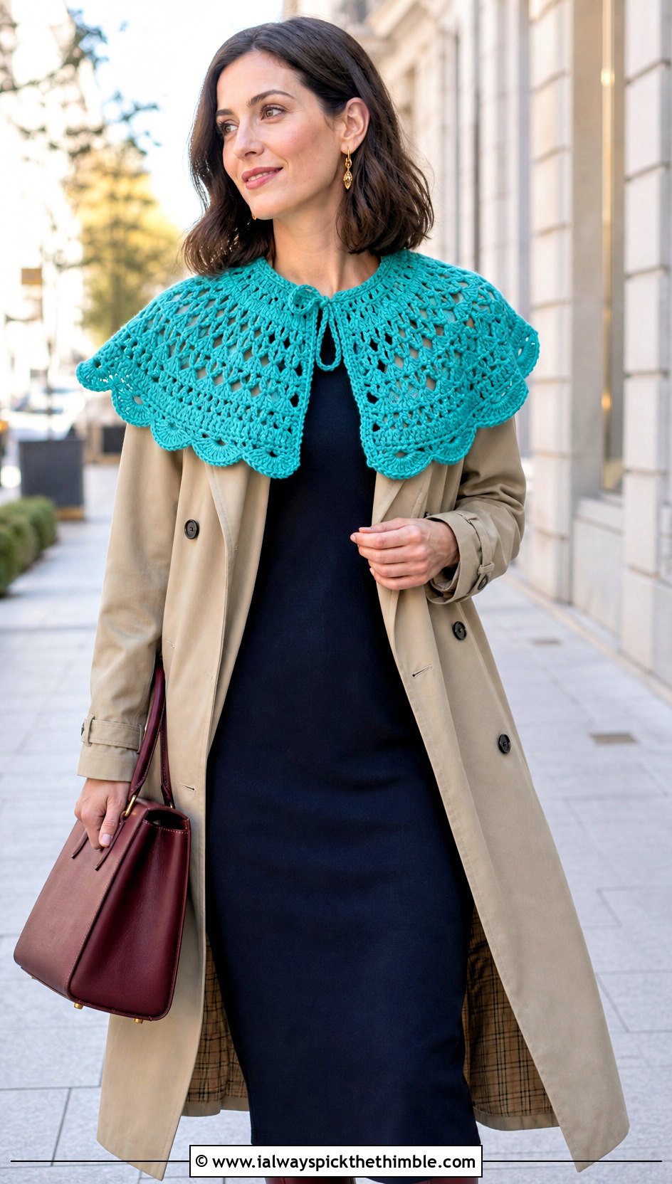 Capelet Crochet Collar With Trench Coat And Column Dress - 25 crochet collar outfit ideas