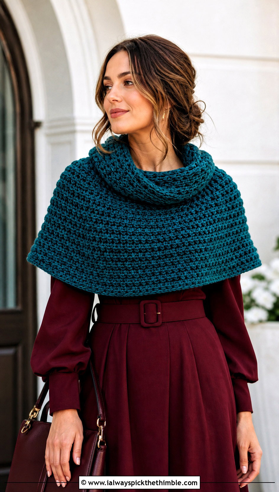 Capelet Crochet Cowl With Belted Dress - 25 crochet cowl outfit ideas