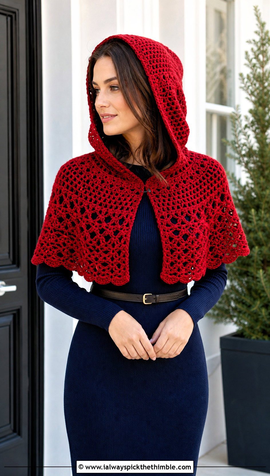 Capelet Crochet Hood With Knit Midi Dress - 20 crochet hood hat outfit ideas