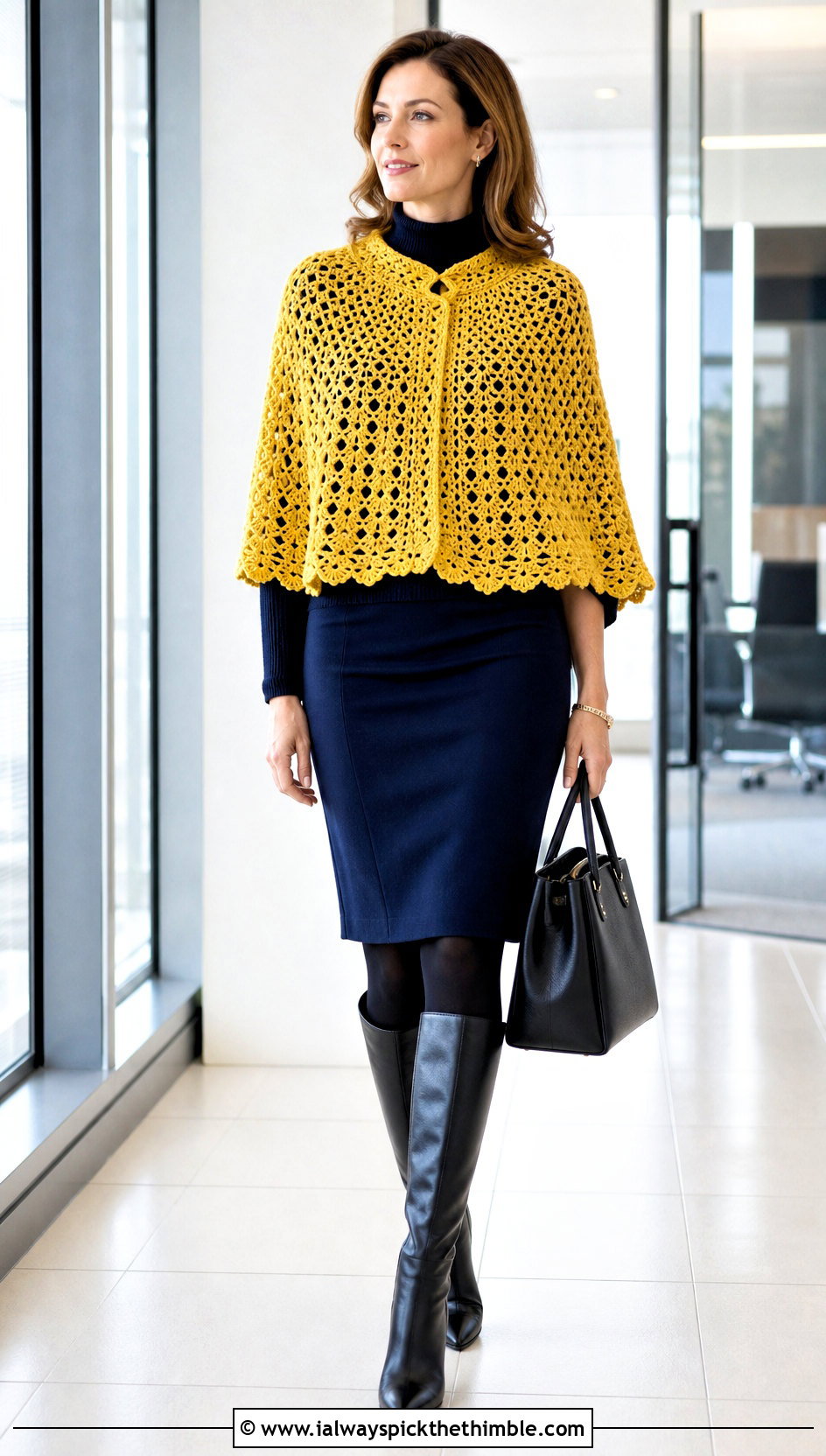 Capelet Crochet Poncho With Pencil Skirt - 15 Winter Crochet Poncho outfit ideas