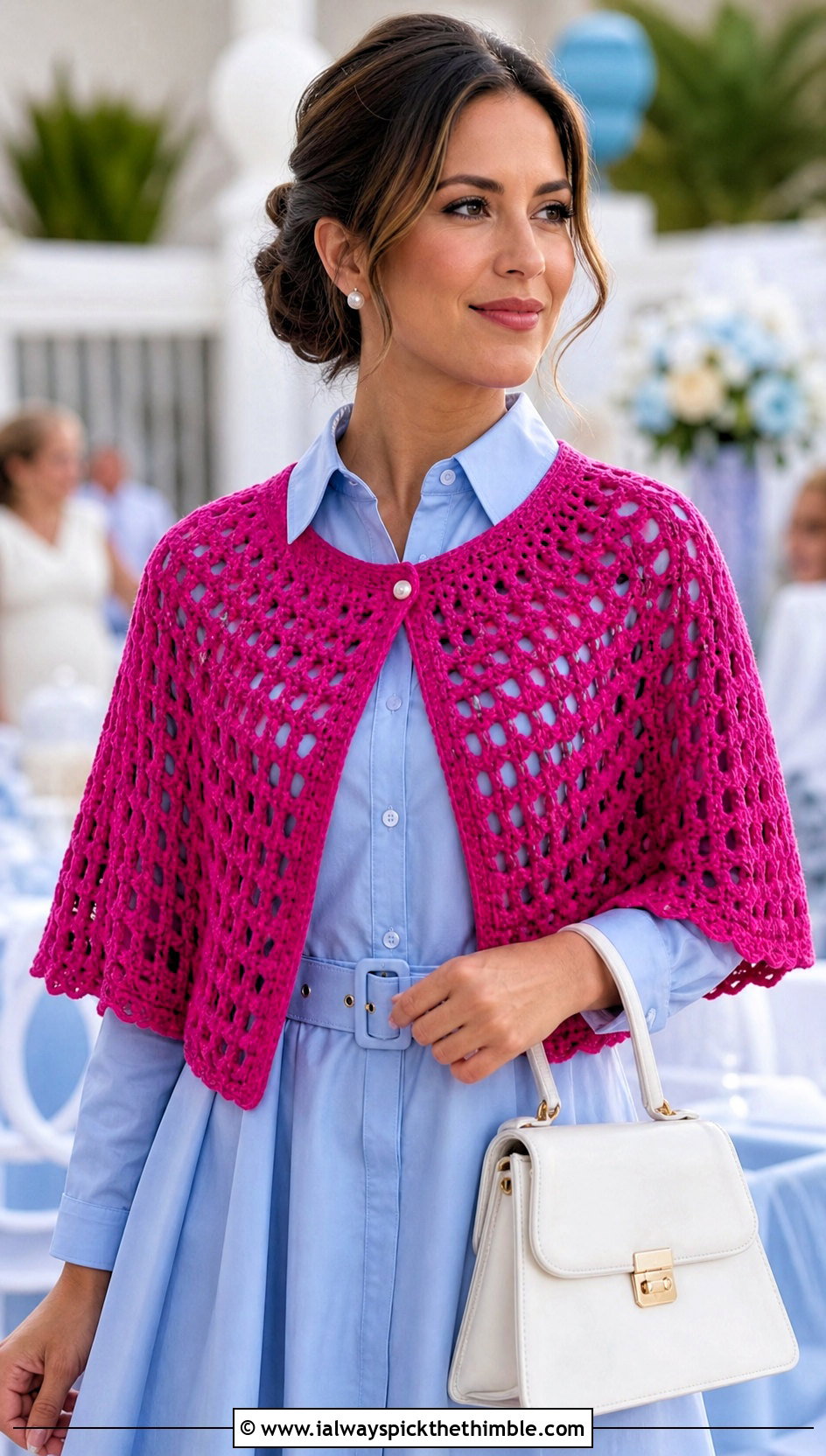 Capelet Crochet Shawl With Poplin Dress - 25 easy simple crochet shawl outfit ideas