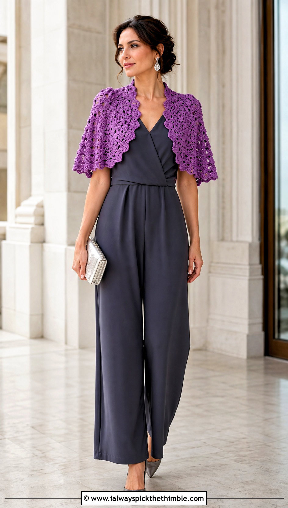 Capelet Crochet Shrug Wrap With Wide Leg Jumpsuit - 20 crochet shrug wrap outfit ideas