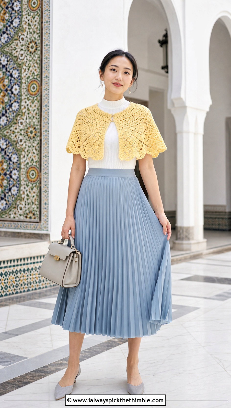 Capelet Crochet Sweater Shawl With A Pleated Midi Skirt - 20 crochet sweater shawl outfit ideas