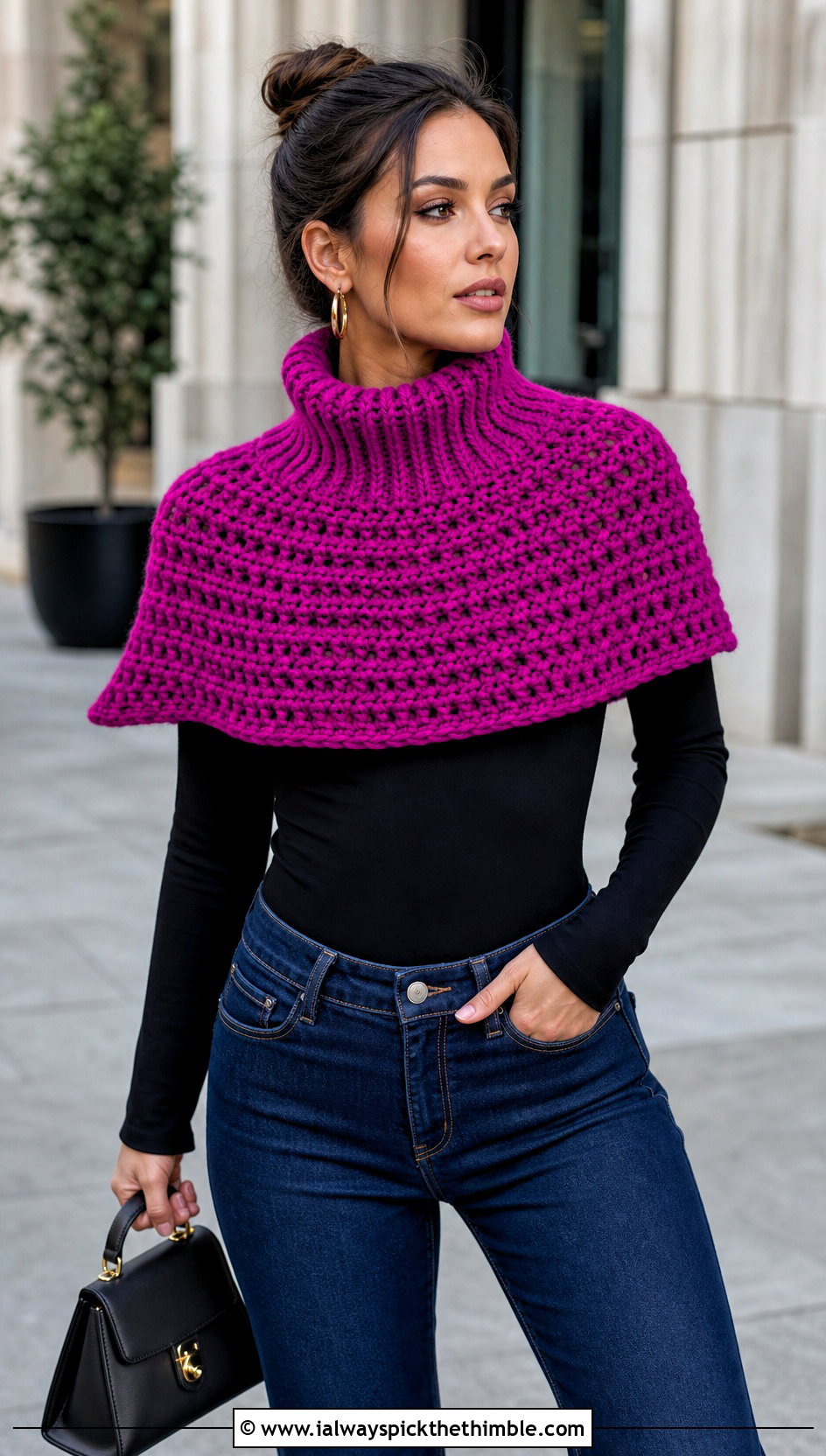Capelet Crochet Turtleneck Cowl With Flared Jeans - 20 Crochet Turtleneck Cowl outfit ideas