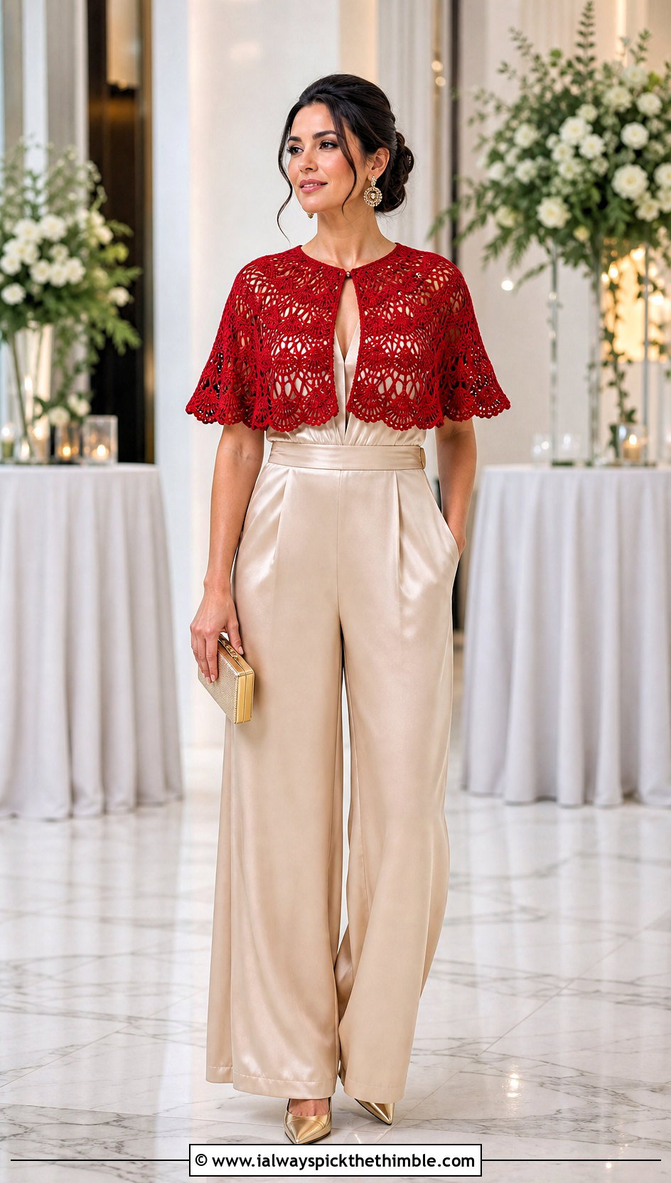 Capelet Crocheted Bolero With Satin Jumpsuit - 25 crocheted bolero outfit ideas