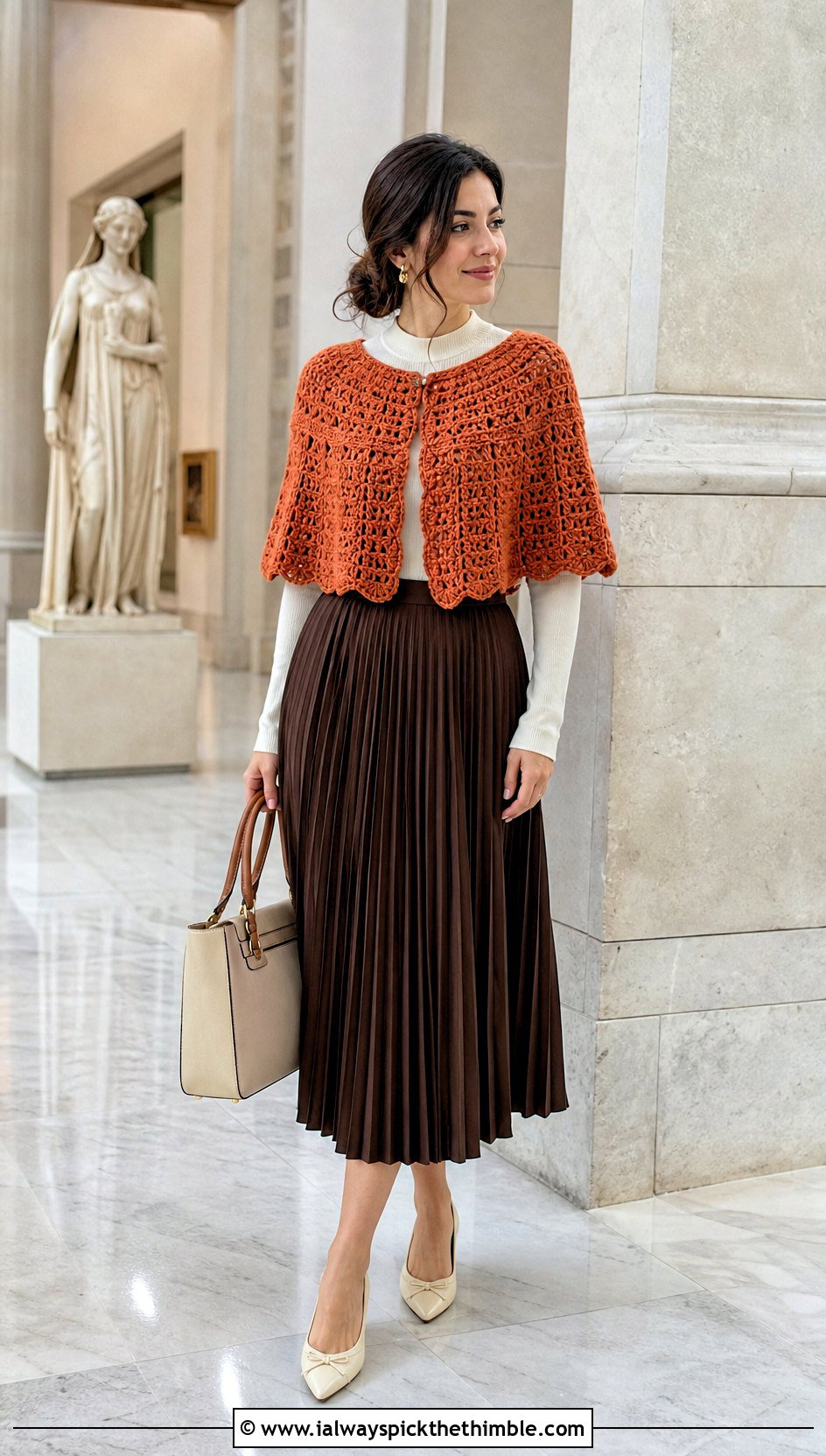 Capelet Cropped Crochet Poncho With Pleated Midi Skirt - 20 Cropped Crochet Poncho outfit ideas