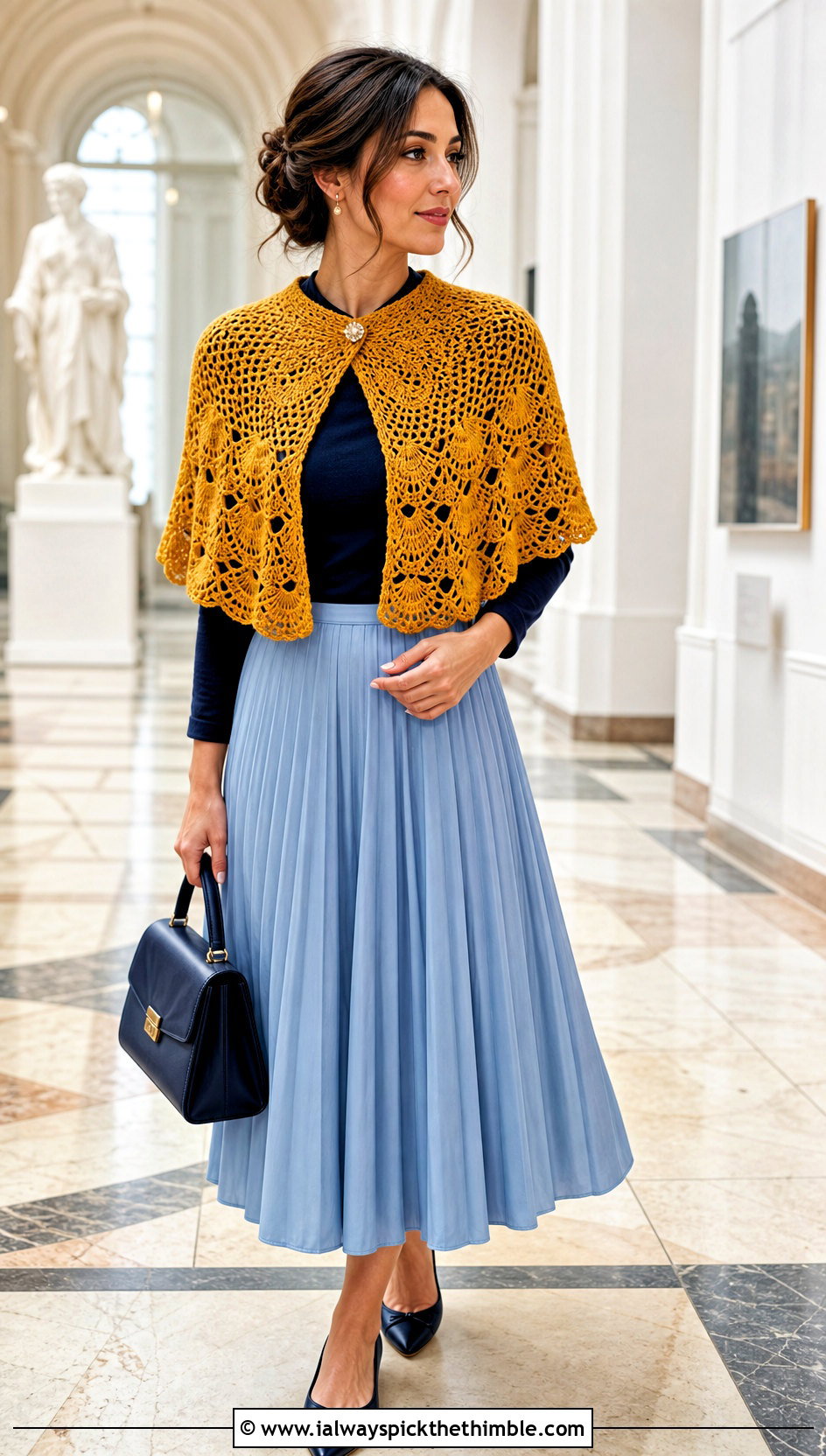 Capelet Fan Stitch Shawl With Pleated Midi Skirt - 20 Crochet Fan Stitch Shawl outfit ideas