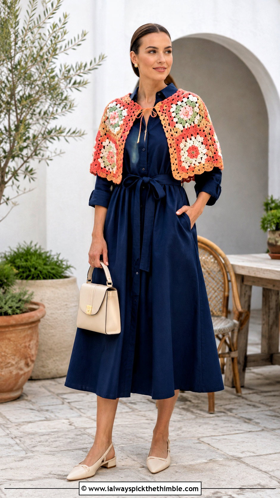 Capelet Granny Square Poncho With Shirt Dress - 25 granny square poncho outfit ideas