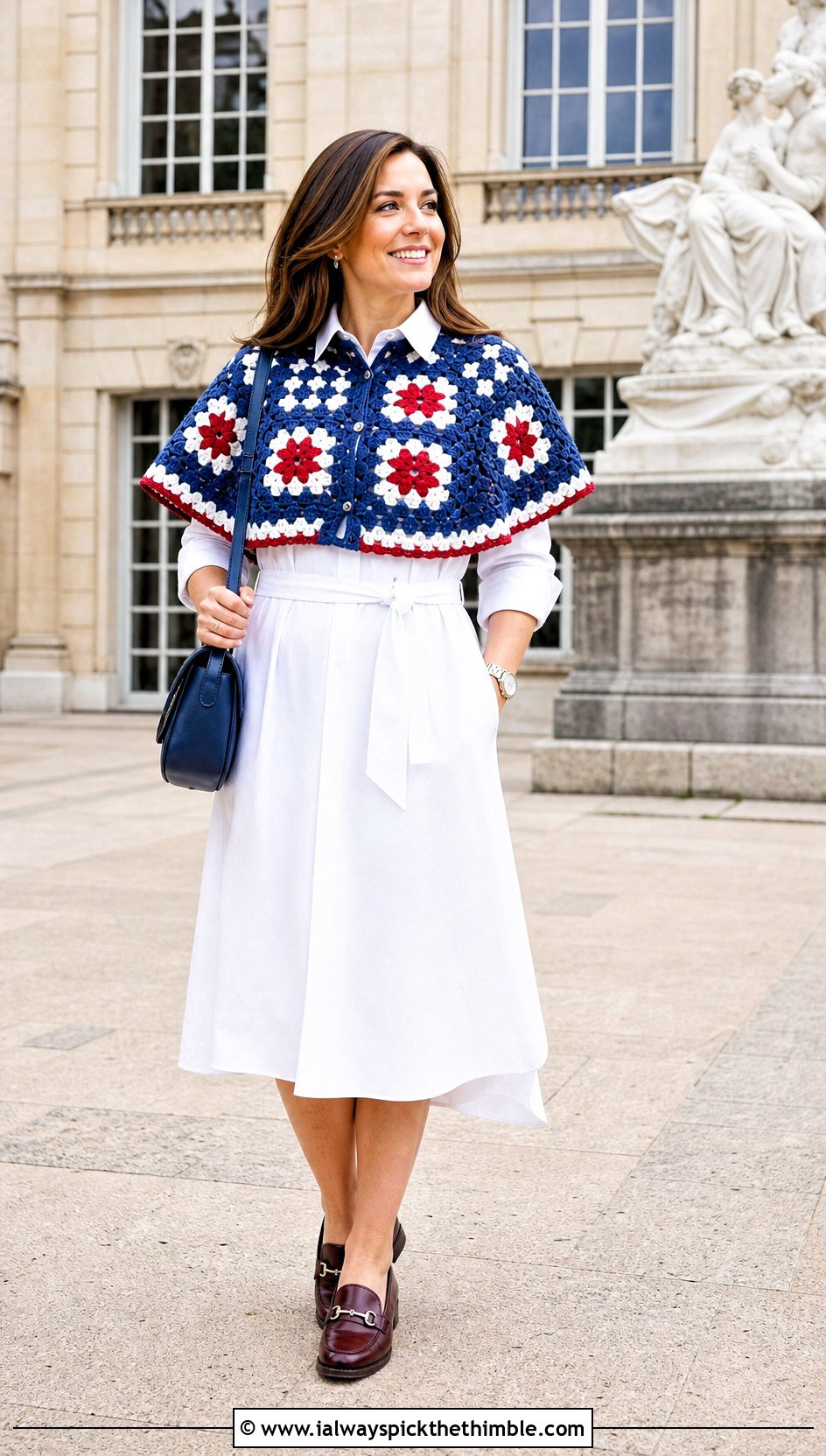 Capelet Granny Square Poncho With Shirt Dress - 25 crochet granny square poncho outfit ideas