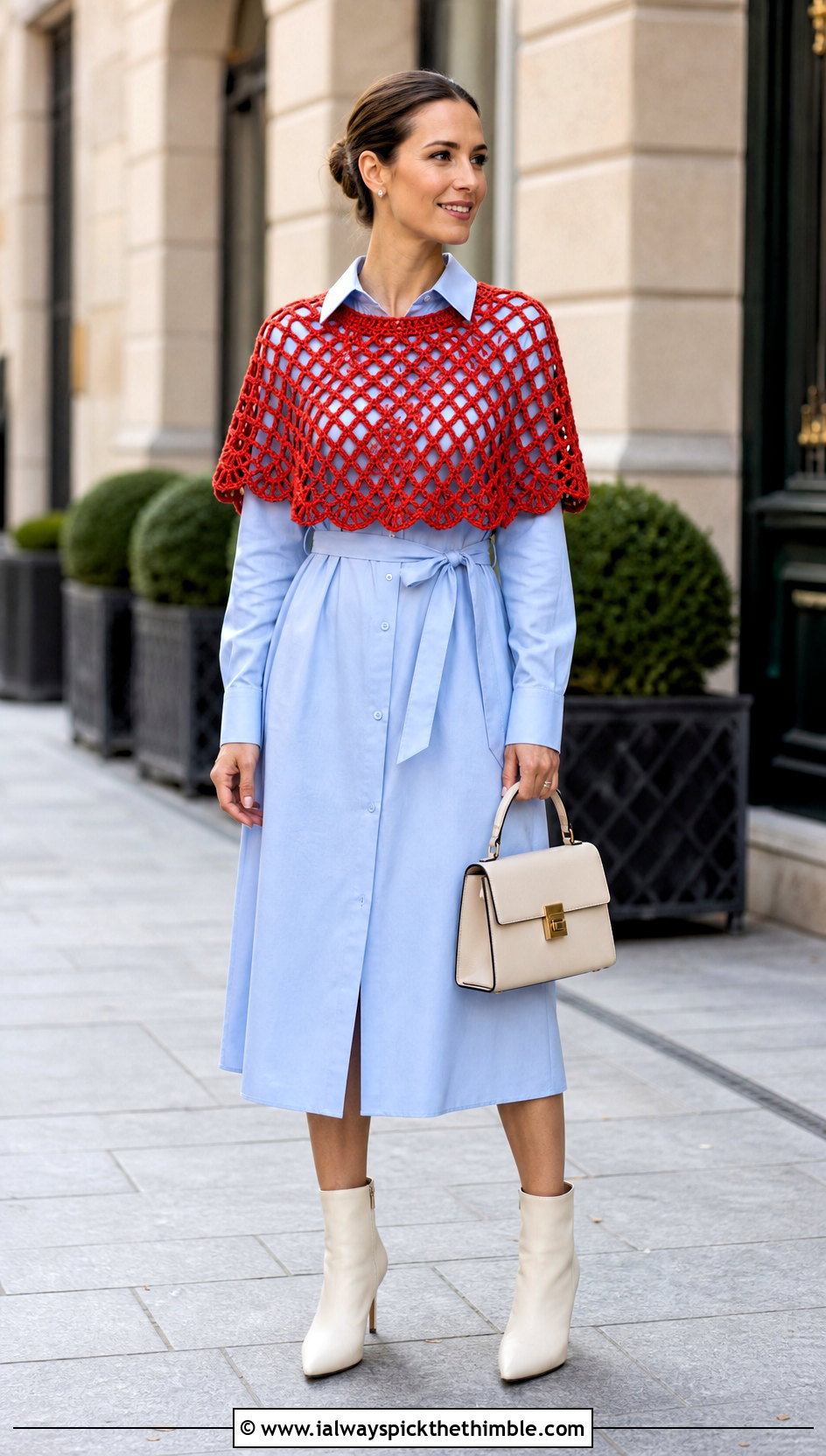 Capelet Mesh Crochet Poncho With Shirt Dress - 20 Mesh Crochet Poncho outfit ideas