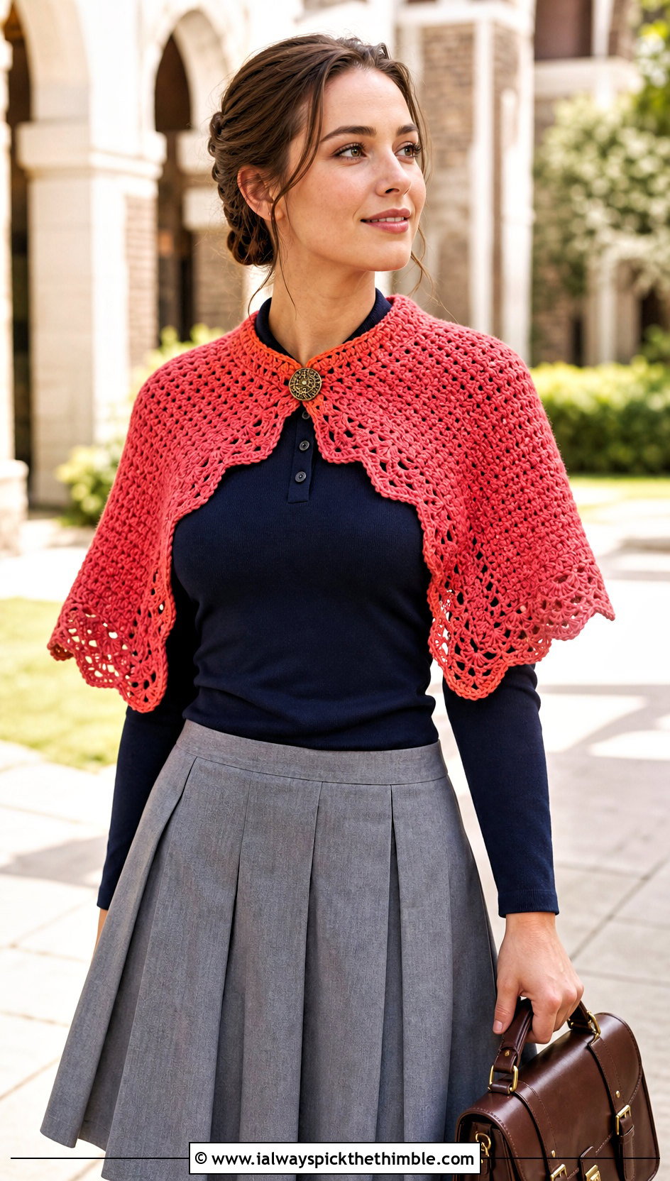 Capelet Pinned Fall River Crochet Shawl With a Pleated Mini Skirt - 20 Fall River Crochet Shawl outfit ideas