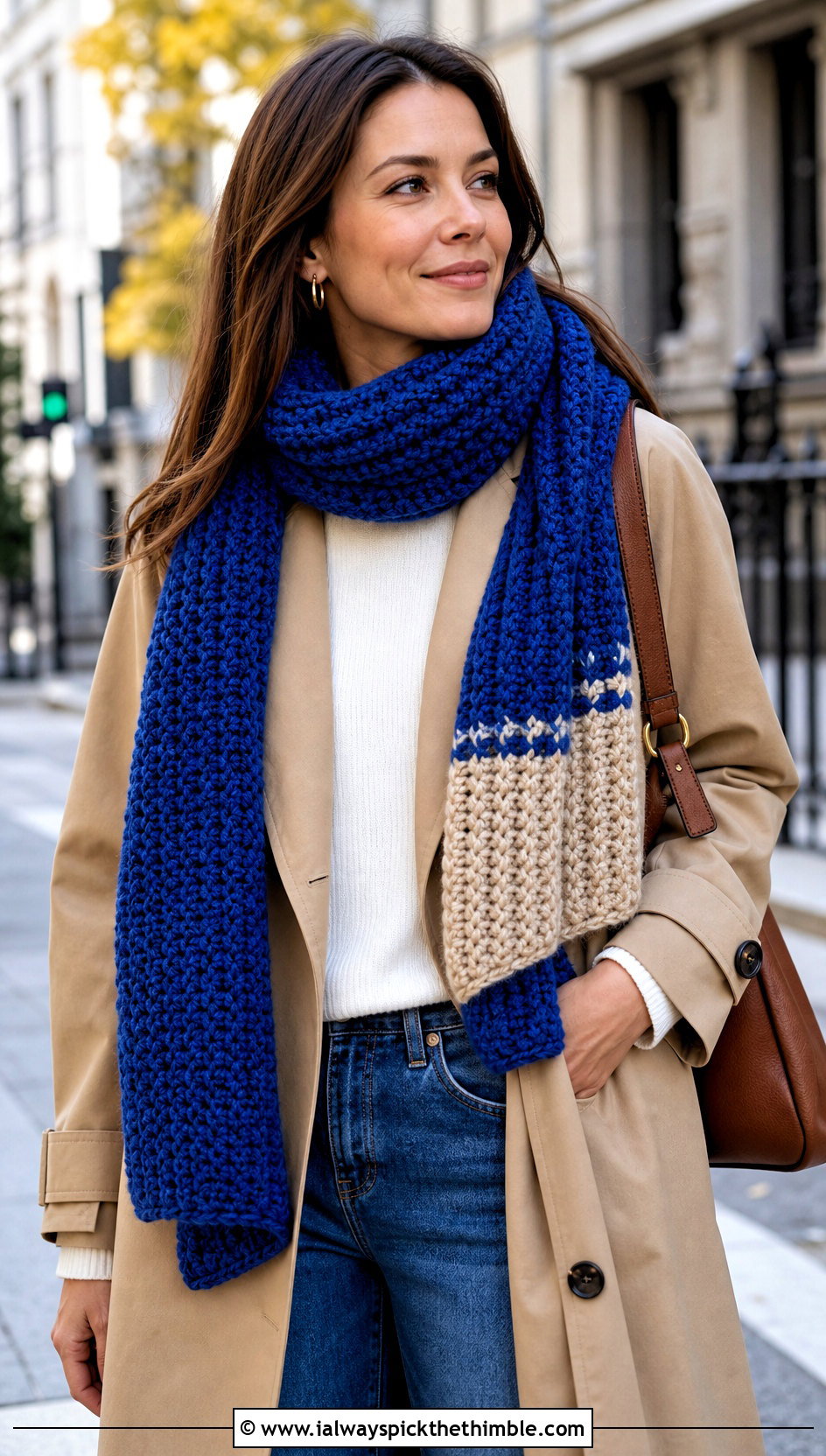 Cappuccino Roll Up Scarf With Trench Coat And Jeans - 20 Crochet Roll Up Scarf outfit ideas