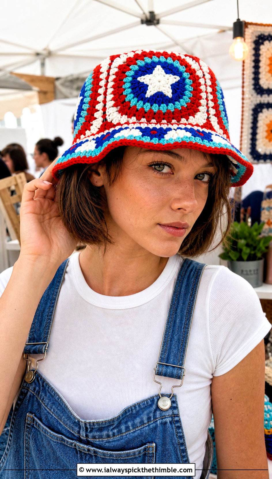 Captain America Granny Square Bucket Hat With Overalls - 20 Crochet Captain America Hat outfit ideas