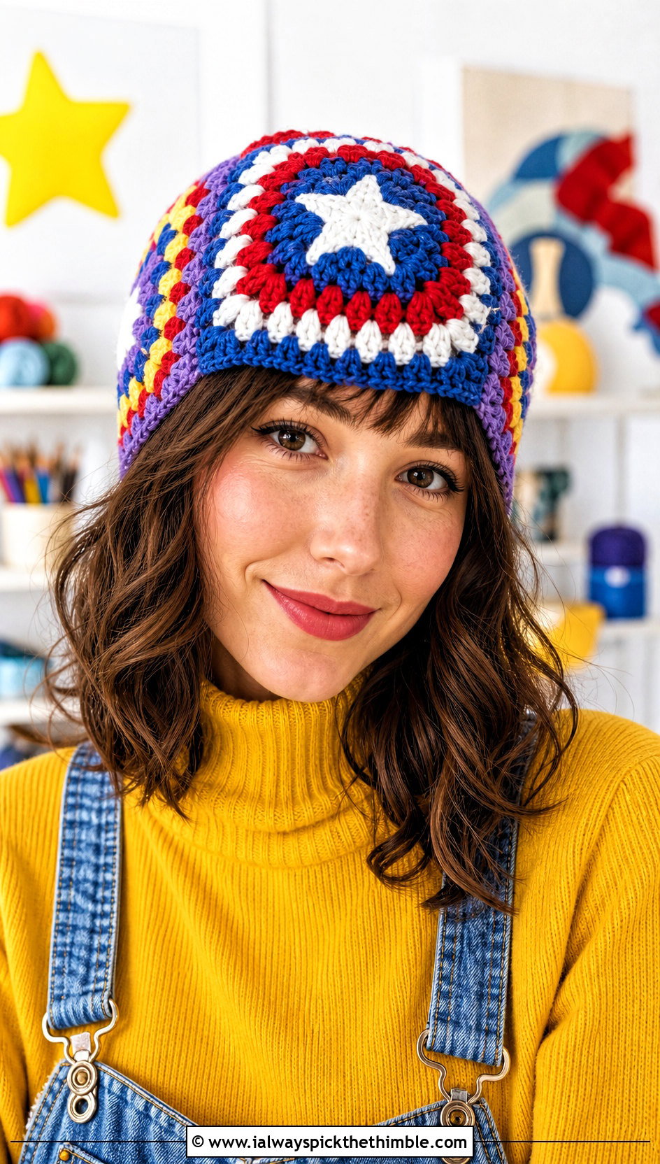 Captain America Granny Square Crochet Beanie With Overalls And Turtleneck - 15 Captain America Crochet Beanie outfit ideas