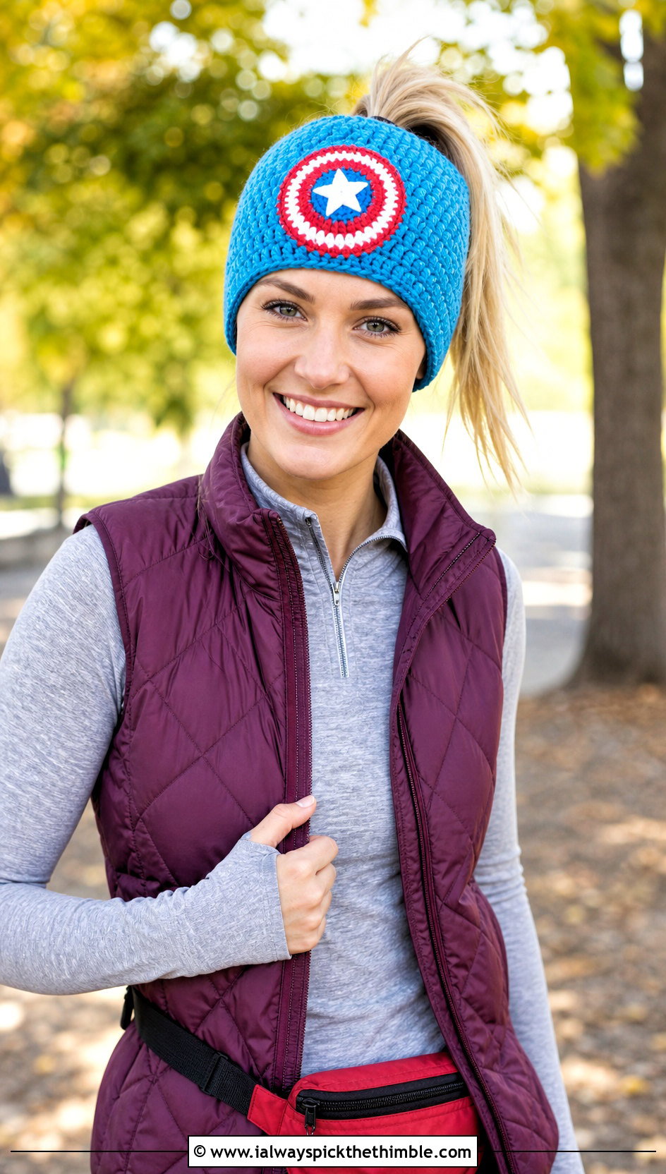 Captain America Messy Bun Crochet Beanie With Quilted Vest And Joggers - 15 Captain America Crochet Beanie outfit ideas
