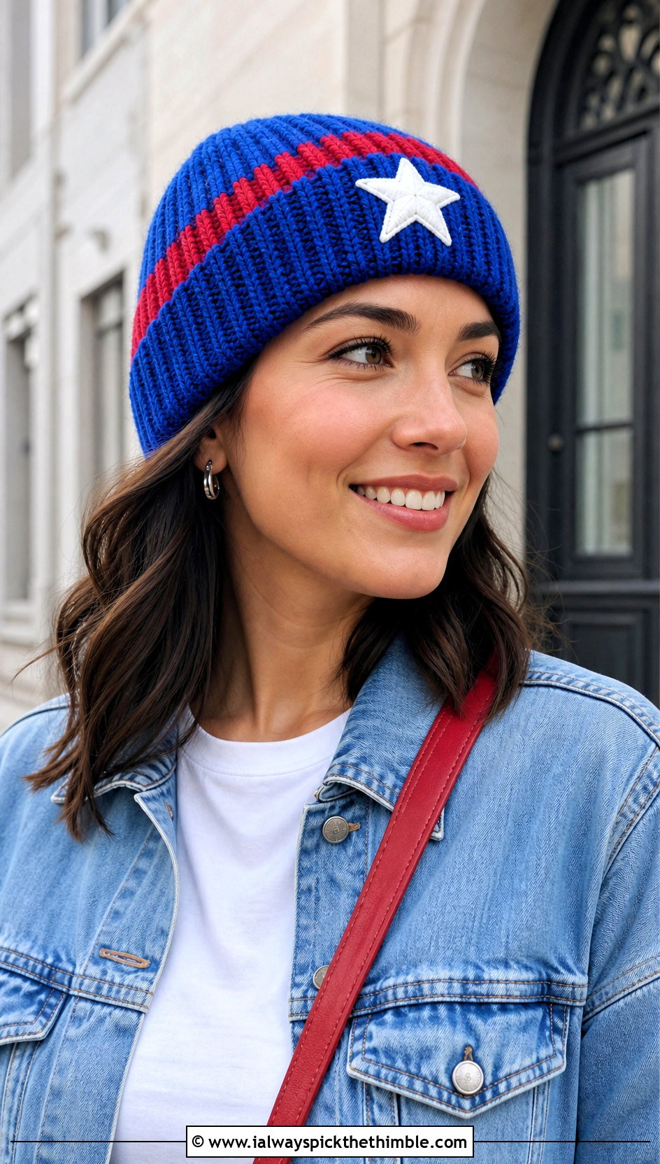 Captain America Ribbed Fold Over Crochet Beanie With Denim Jacket And Jeans - 15 Captain America Crochet Beanie outfit ideas
