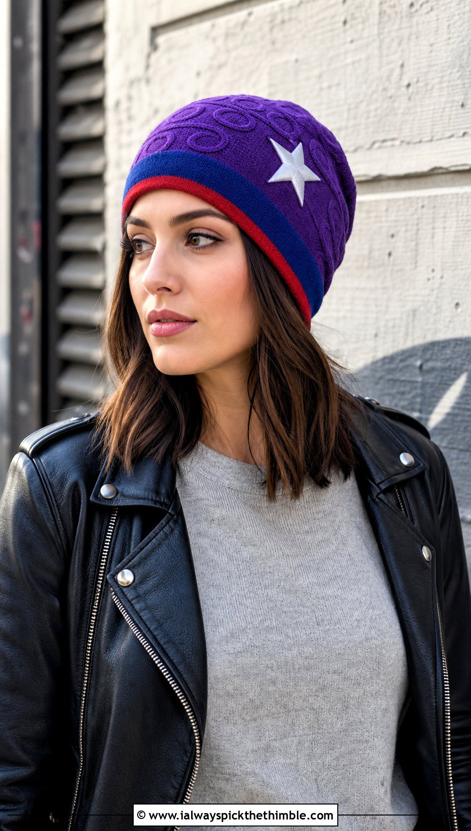 Captain America Slouchy Beanie With Leather Jacket - 20 Crochet Captain America Hat outfit ideas